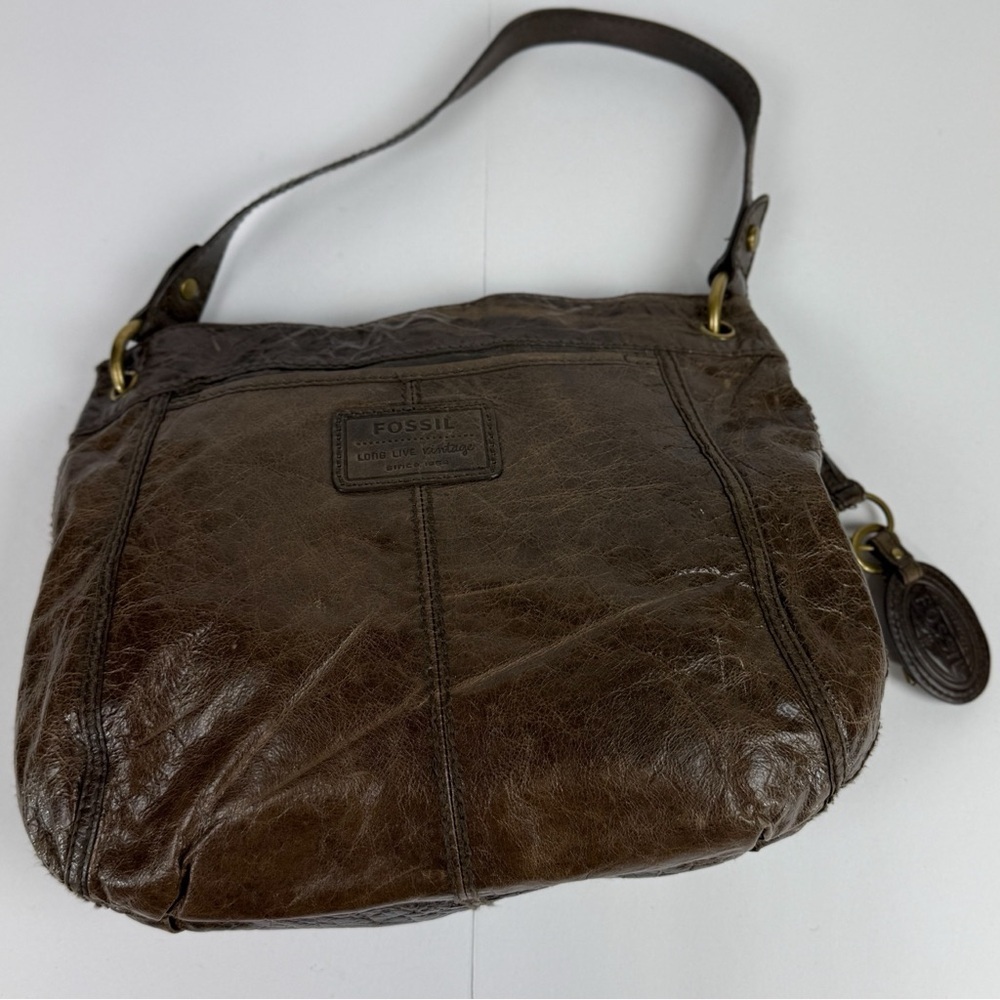FOSSIL Leather Hobo Shoulder Bag Brown Leather Flap Turnlock - Picture 8 of 10